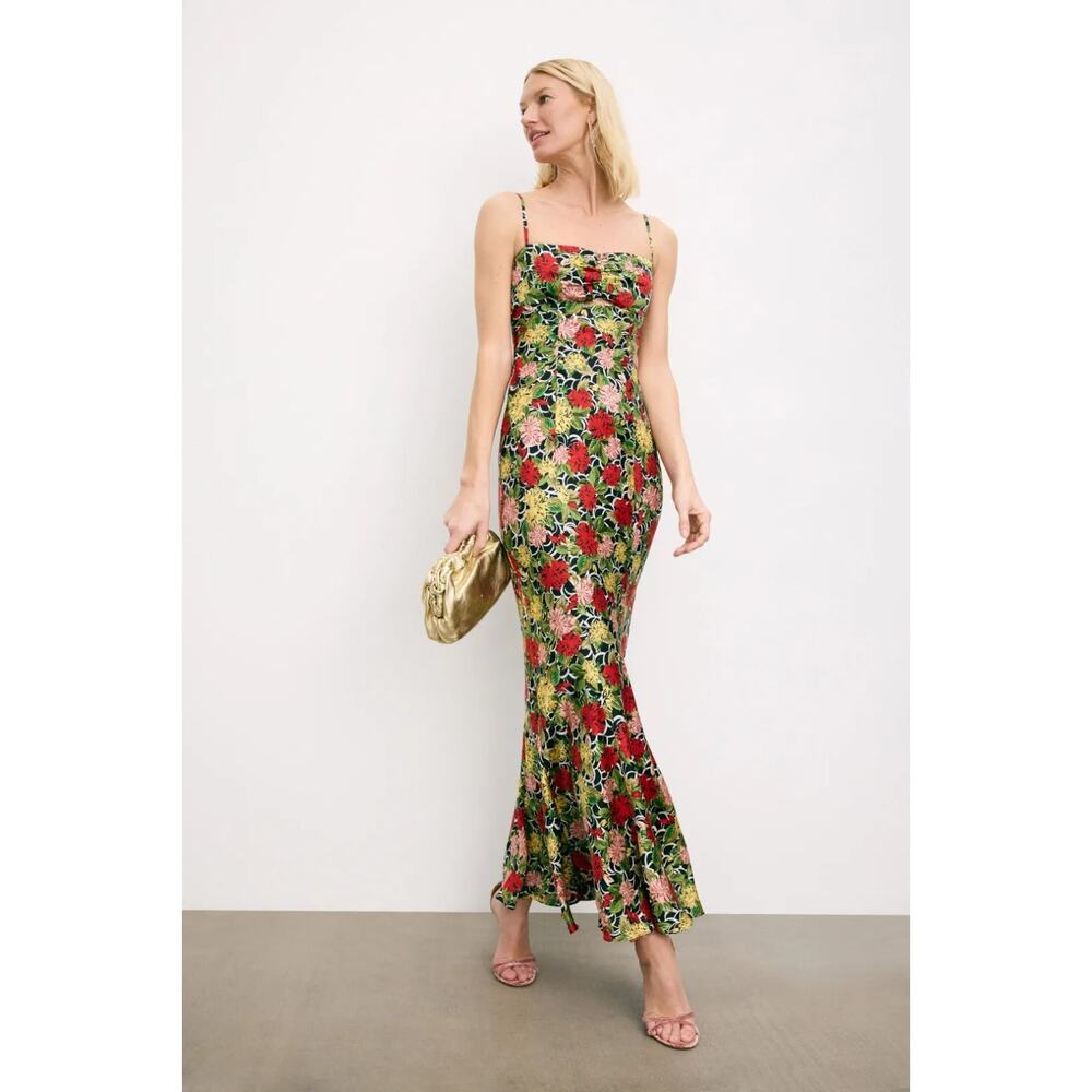 SALONI Renee Long Floral Silk Spaghetti-Strap draped Dress Size 4 Retail $775